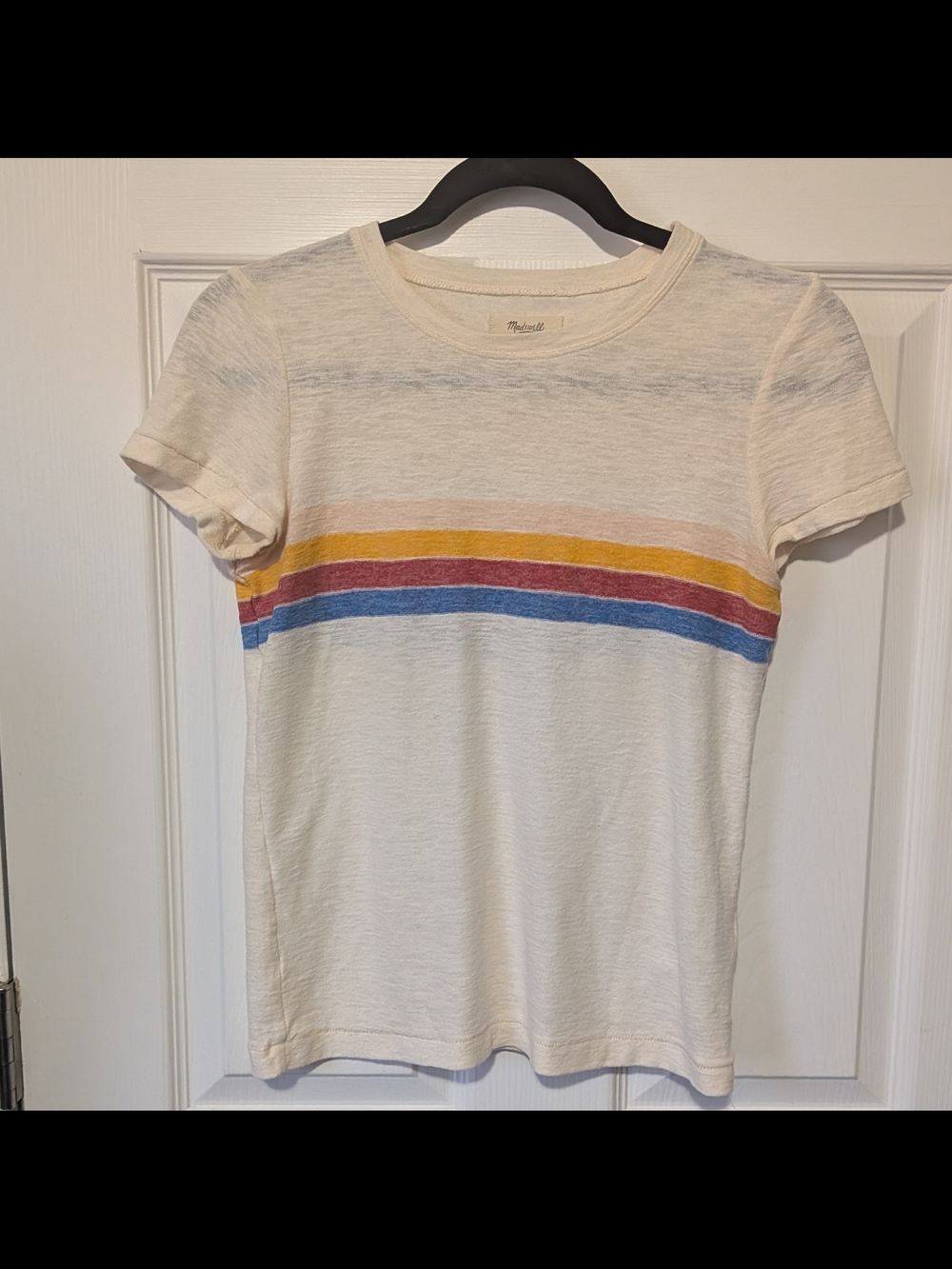 Madewell Cream Short Sleeve Tee with Yellow, Red and Blue Stripes